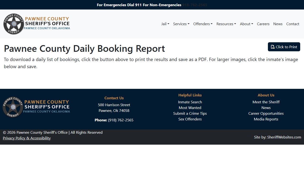 Pawnee County jail mugshots daily booking report with photo fields