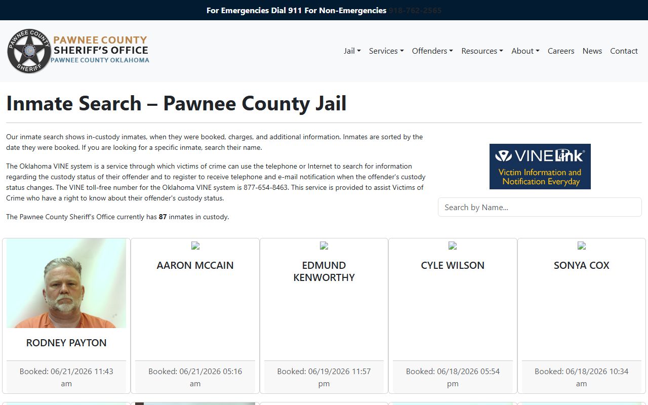 Pawnee County inmate population jail roster search page